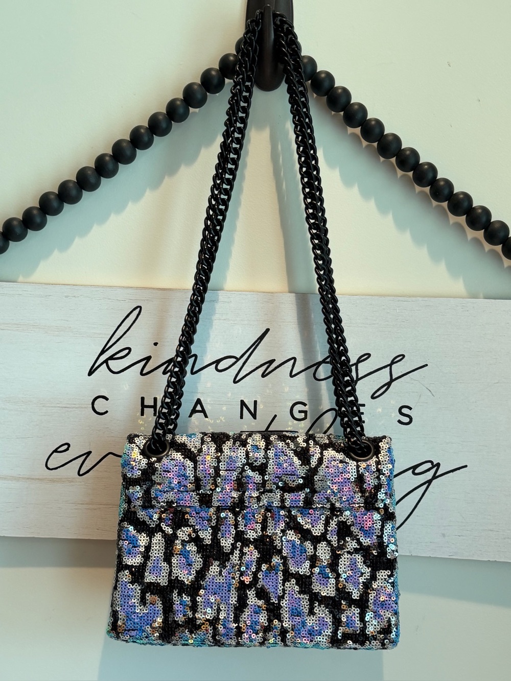 Kurt Geiger London RARE Mini Brixton Blue Leopard Sequin Chain Crossbody Bag NWT - Picture 11 of 13